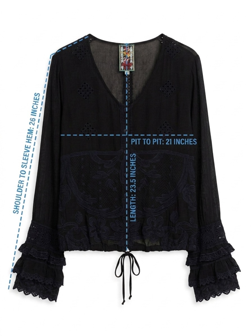 Johnny Was Black Embroidered Lace Blouse Boho Ruffle Sleeve Tie Hem Medium M - Picture 11 of 13